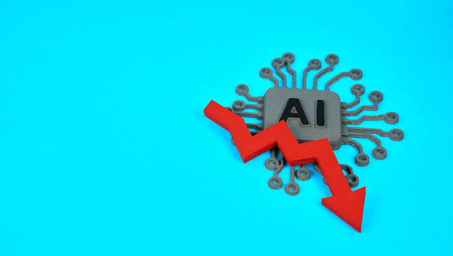 An AI chip beside a downward arrow represents declining artificial intelligence investment and a technology market downturn.
