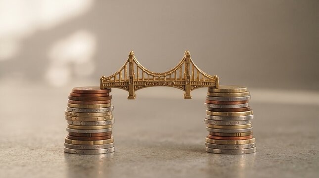 miniature golden bridge with partnership text connecting two stacks of coins concept of business financial bridge investment cooperation and economic stability