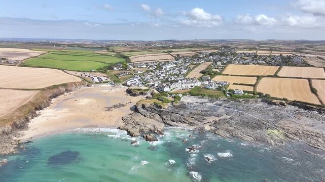 View of Trevone Beach and Trevone Bay from a drone, Trevone, Padstow, Cornwall, England, United Kingdom, Summer 2026