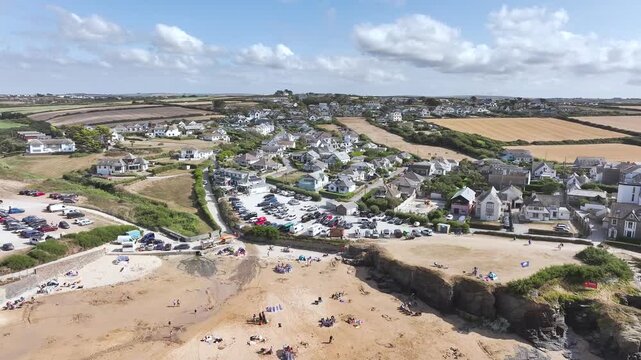 View of Trevone Beach and Trevone Bay from a drone, Trevone, Padstow, Cornwall, England, United Kingdom, Summer 2026