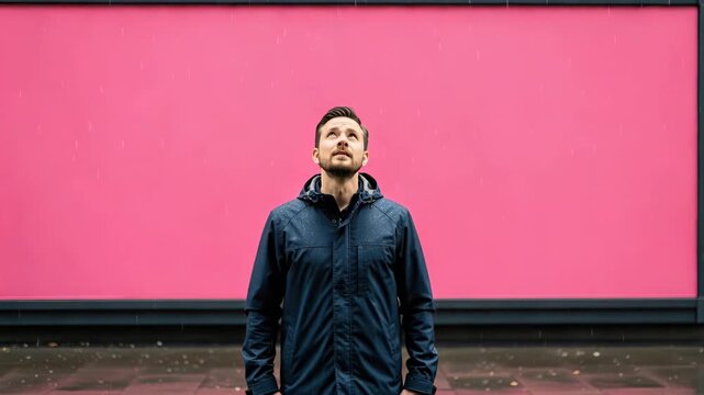 Man Gazing Upwards at Pink Wall: A man in a blue jacket stands looking up at a vibrant pink wall, a moment of contemplation against a striking backdrop.