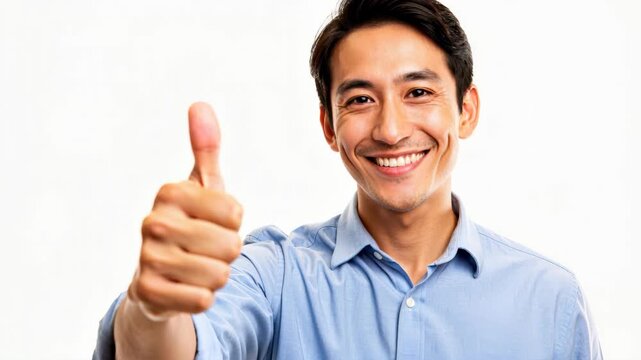 Smiling Man Gives Thumbs Up: A cheerful Asian man in a blue collared shirt gives a confident thumbs-up gesture, his bright smile radiating positivity and approval.