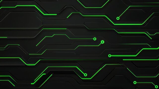 Abstract Circuit Board Design: A dark, textured background features intricate, glowing green lines representing a futuristic circuit board, evoking themes of technology and data flow.