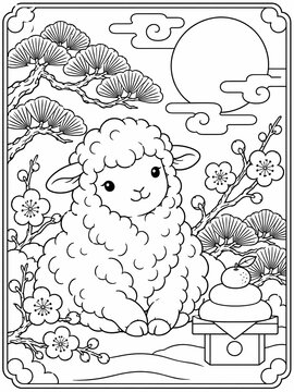 Cute sheep with plum blossoms and pine for Japanese New Year coloring page