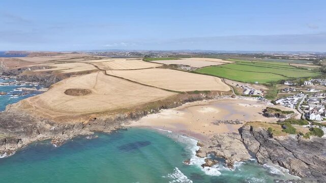 View of Trevone Beach and Trevone Bay from a drone, Trevone, Padstow, Cornwall, England, United Kingdom, Summer 2026
