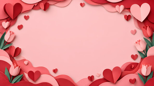 Valentine's Day paper cut border frame with layered hearts and tulips