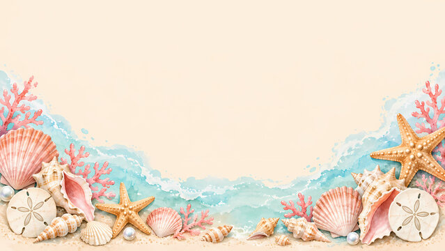 Watercolor seashell and coral border with turquoise waves on sand