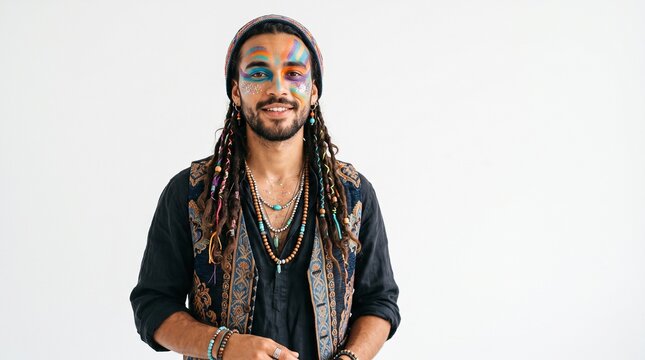 Man with colorful face paint and dreadlocks wearing bohemian style clothing and jewelry