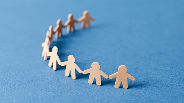 Wooden paper people holding hands in a circle on blue background, symbolizing community, teamwork, unity and social connection