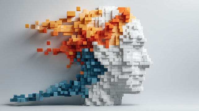 3D pixelated human profile head made of colorful dissolving blocks representing artificial intelligence, digital identity and memory