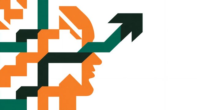 Minimalist abstract illustration of human profile intersecting with a rising green and orange zigzag arrow showing strategic thinking