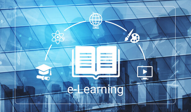 A modern representation of e-Learning featuring icons of education, technology, and collaboration set against a sleek business background, highlighting the future of education. Nascent