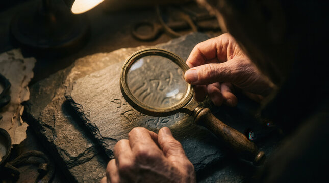 Ancient Script Examination Through Magnifying Lens