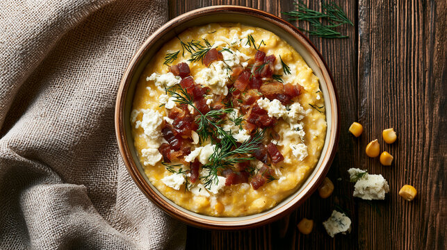 Traditional Ukrainian Carpathian banosh with creamy cornmeal, bryndza cheese, crispy bacon and fresh dill in a rustic bowl