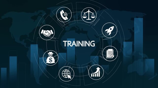 Corporate training and development infographic with global business icons and growth charts education