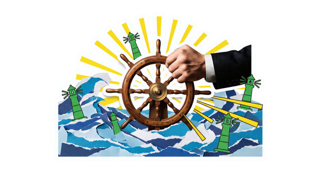 Hand turning wooden ship steering wheel on nautical map chart illuminated by rising sunburst rays. Maritime navigation leadership and corporate direction concept on white background display.