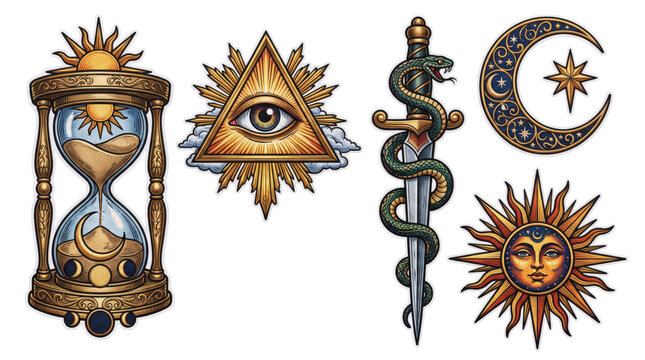 Set of mystical esoteric occult tarot icons featuring all-seeing eye, hourglass, caduceus and sun. Alchemical hermetic astrology symbolism illustrations on pure white background template.