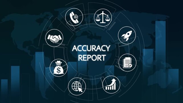 Accuracy report digital interface with global business icons and financial analytics charts data