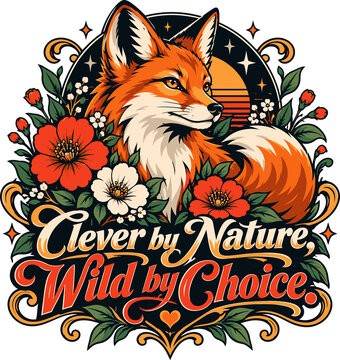 Clever Fox Floral Illustration with Wild Nature Typography and Vintage Botanical Design
