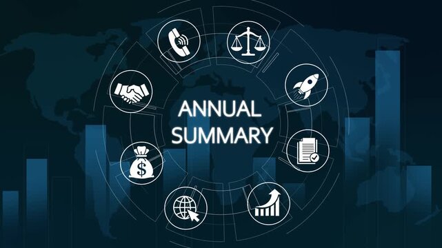 Annual summary business infographic with global data analytics and corporate icons motion business report