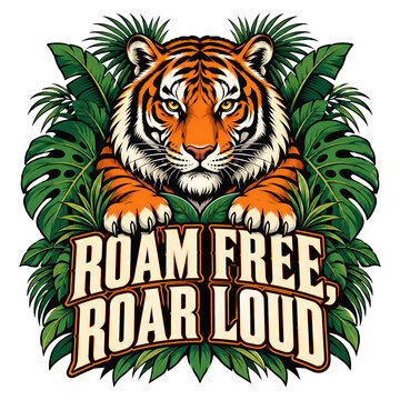 Roar Free Roar Loud Tiger in Tropical Jungle Foliage with Bold Vintage Typography