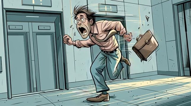 Work stress and burnout concept businessman running late for work in office hallway cartoon style illustration of professional pressure and anxiety