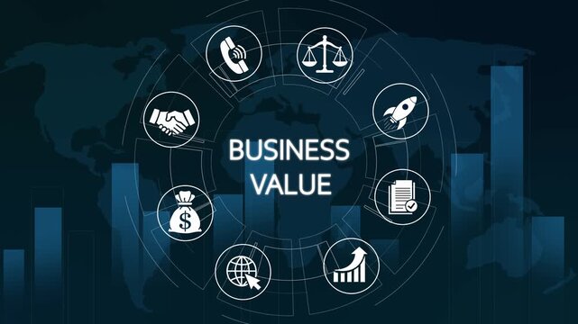 Business value concept with global network icons and financial growth charts animation finance