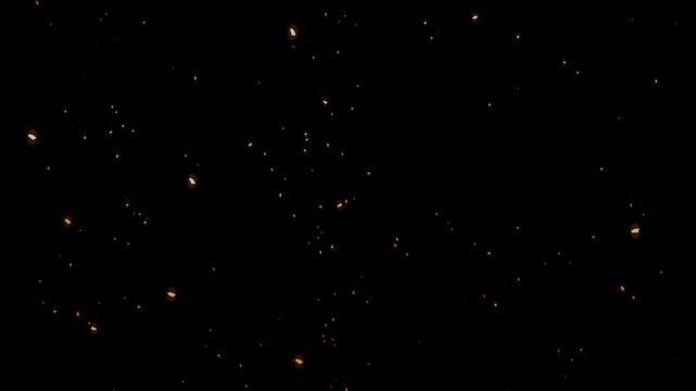 赤とオレンジの火の粉が揺れながら上昇する不規則な光の粒の透過オーバーレイ映像