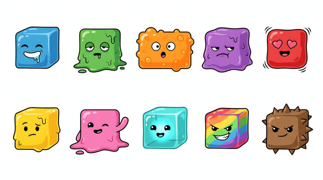 Collection of cute jelly cube monsters with diverse facial expressions and vibrant colors
