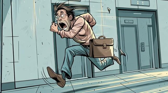 Work stress and burnout concept panicked businessman running late for work in office hallway cartoon style animation of professional deadline pressure
