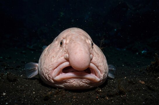 A detailed close up portrait of a deep sea blobfish resting on the dark ocean floor in its natural underwater habitat highlighting its distinctive gelatinous appearance and facial features