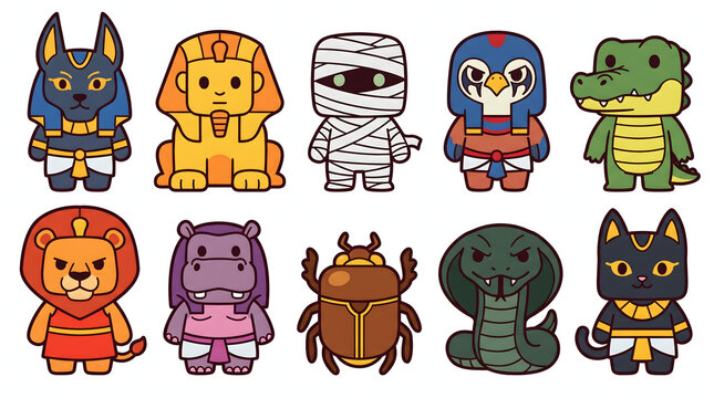 Set of adorable Egyptian mythology icons featuring pharaoh, mummy, and ancient deities.