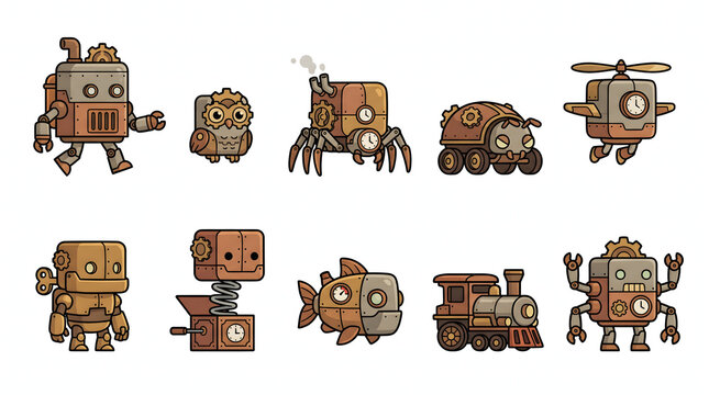 Cute steampunk robot collection featuring mechanical animals and vintage industrial characters.
