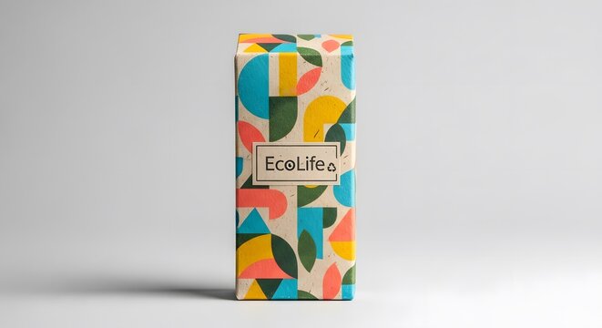 Colorful eco friendly cardboard box packaging with geometric patterns and branding