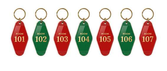 Fototapeta premium Set of vintage retro numbered red and green hotel motel room key tags hanging on brass split rings. Classic hospitality lodging key fob labels isolated on pure white background template display.
