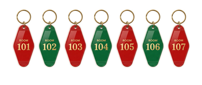 Set of vintage retro numbered red and green hotel motel room key tags hanging on brass split rings. Classic hospitality lodging key fob labels isolated on pure white background template display.