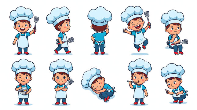 Little boy chef character set with various emotions and poses holding kitchen utensils