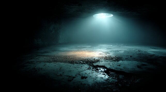 An eerie, dark scene illuminated by a mysterious glowing object hovering in the distance. The ground is wet and reflective, with a sense of isolation and the unknown