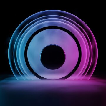 A majestic obsidian moon gate stands amidst swirling mist, framed by perfectly balanced concentric vapor arcs in a serene, dark atmosphere, reflection, steam, glowing