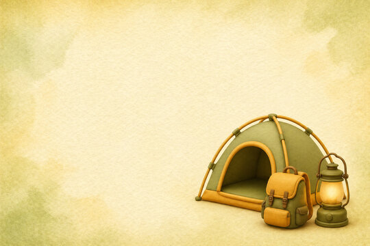 Camping tent backpack and lantern illustration on soft beige background with copy space