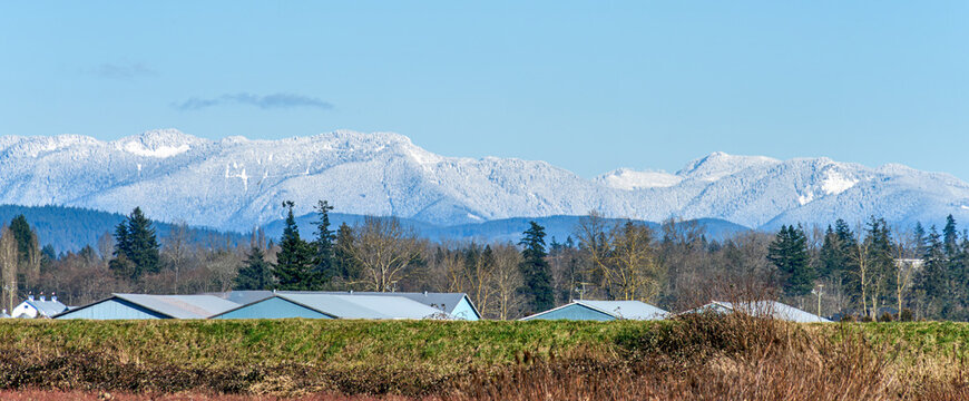 Winter farm landscape with snow-capped mountains