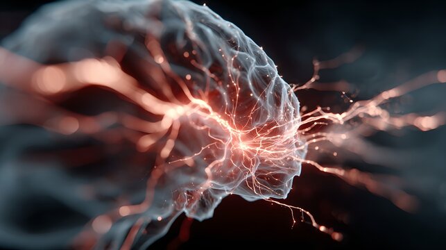 A detailed illustration of a neuron firing, with electric impulses sparking and traveling along its dendrites and axon.