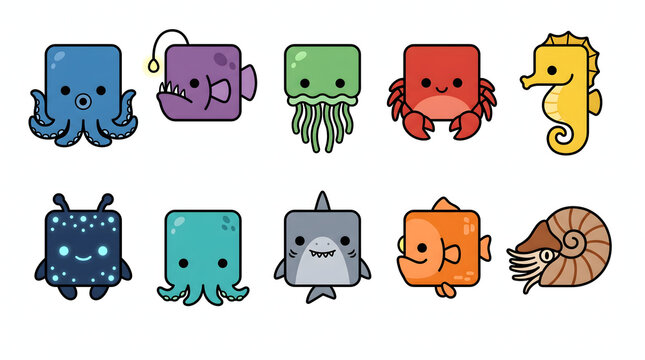 Set of adorable flat vector cartoon marine creatures in geometric square style for kids design