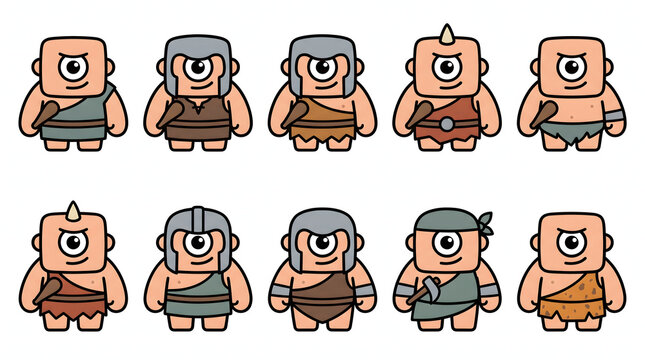 Set of cute cartoon cyclops characters wearing prehistoric outfits and battle helmets