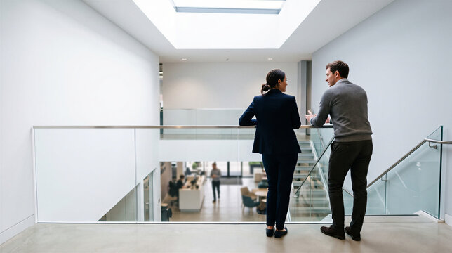 Two colleagues in modern office hallway discussing