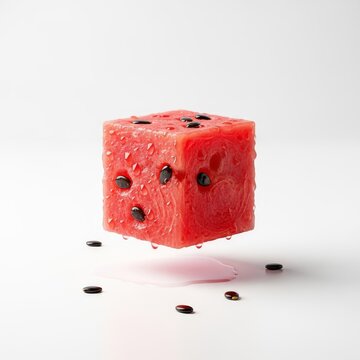 A vibrant red watermelon cube floats in midair with a glossy wet surface and scattered black seeds against a minimalist white backdrop, juicy, geometric, fresh