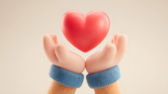 Two cartoonish hands holding a vibrant red heart, symbolizing love, care, and compassion