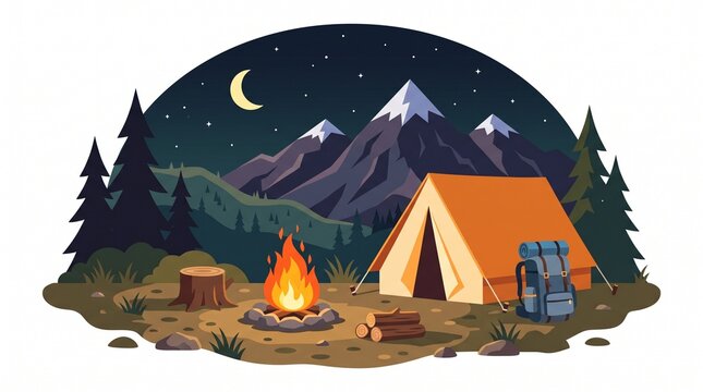 Camping scene vector illustration with tent, campfire, and majestic mountains under starry night sky
