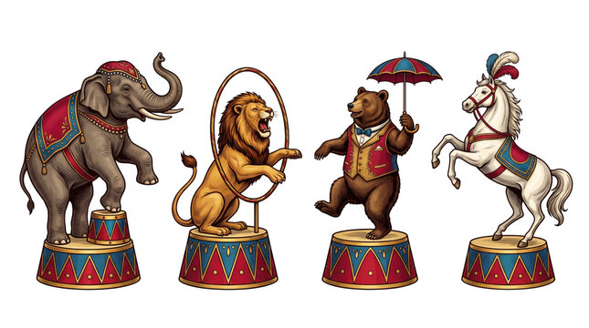 Set of vintage circus animal performer figurines: balancing elephant, lion on pedestal and trained bear. Retro big top carnival entertainment acts on pure white background template display.