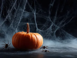Halloween pumpkin against a backdrop of cobwebs and spiders © britaseifert